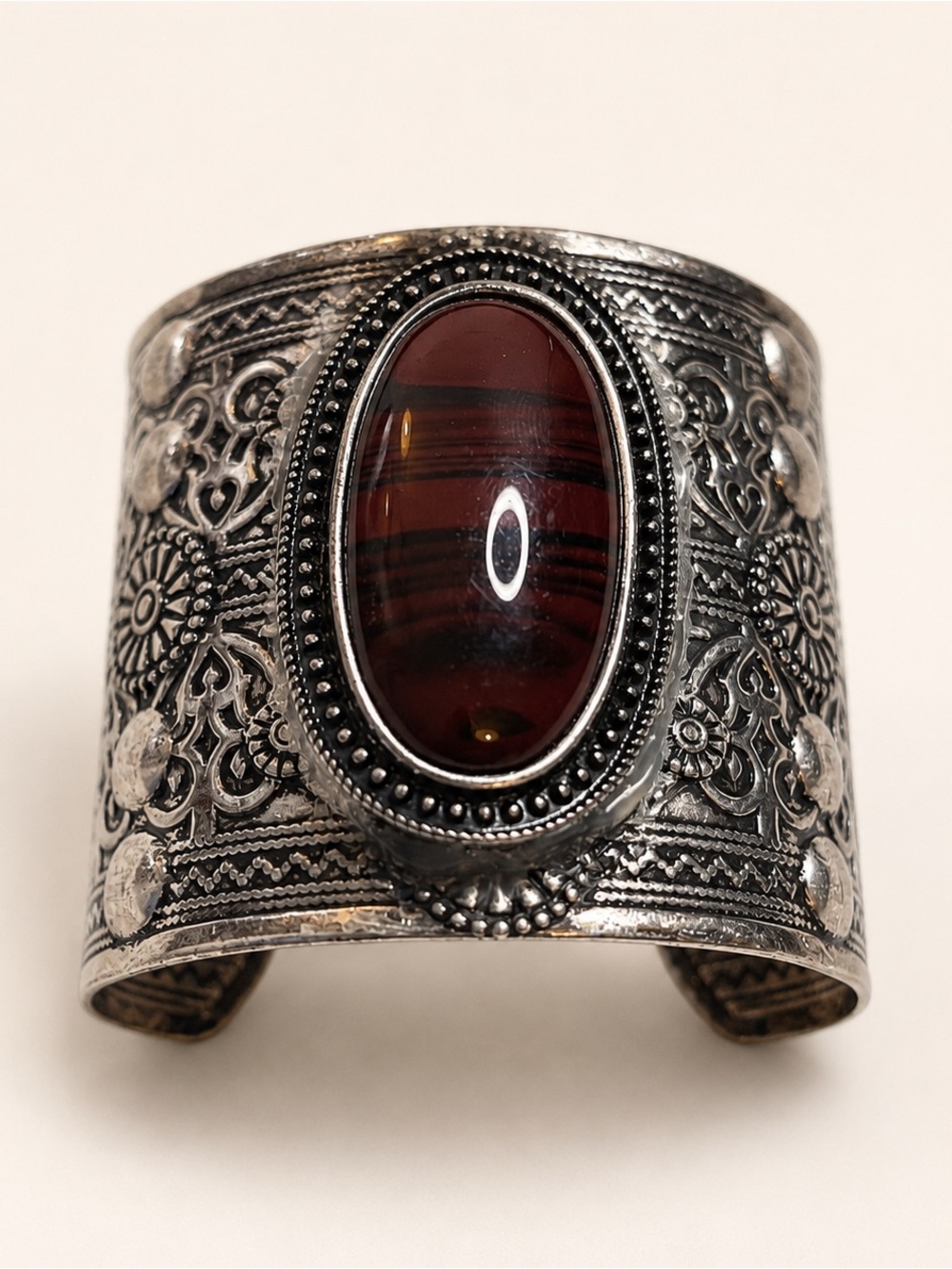 Metal Cuff Bracelet with Red/Brown Oval Stone and Ear Cuff Set